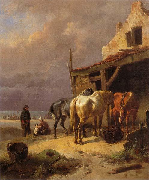 Draught horses resting at the beach, Wouterus Verschuur